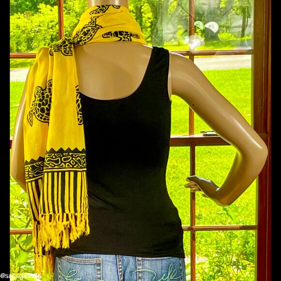 🆕VTG▪️TORMY'S SHOP▪️80's 90's Boho Tie-Dye Yellow Sea Turtle Fringe Hem Scarf - Picture 2 of 5